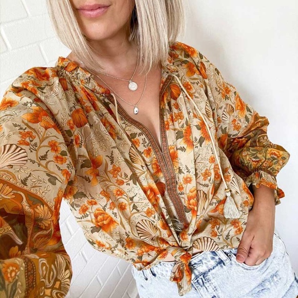 Tops - mustard floral print v neck tassel long sleeve top